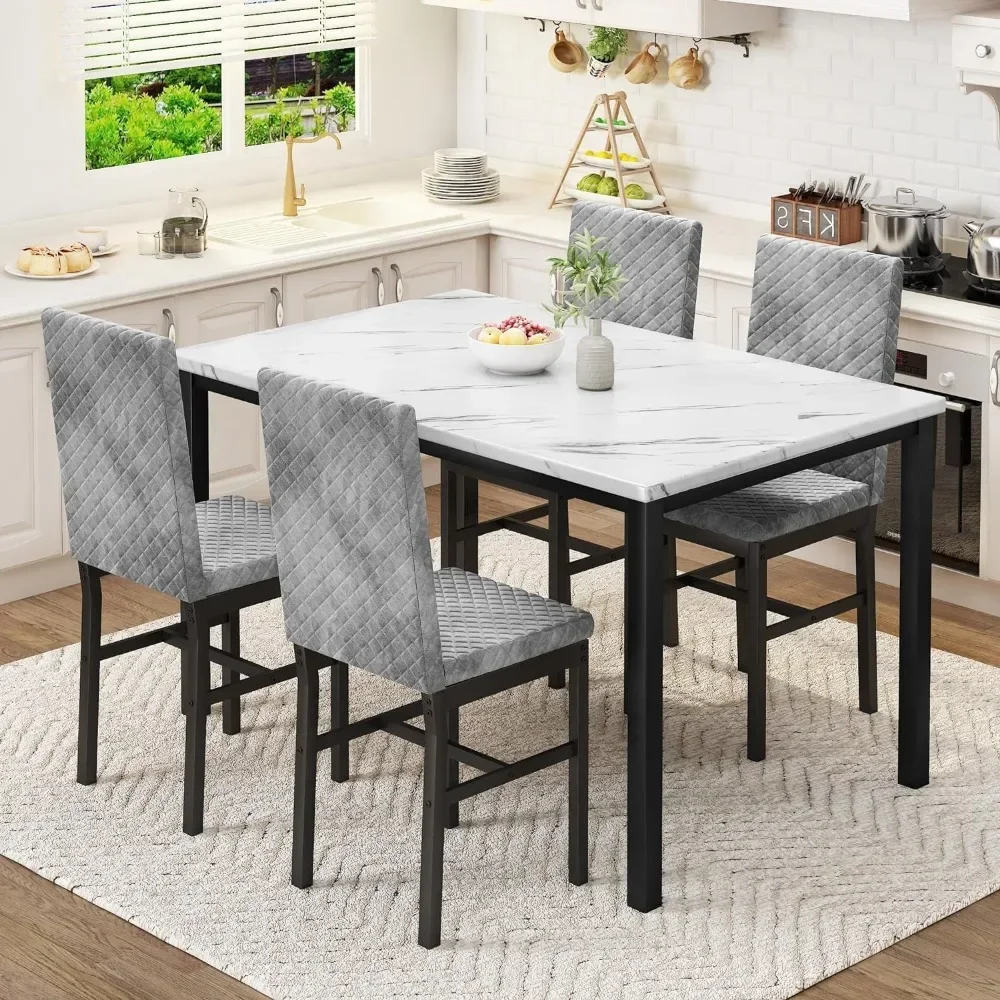 Dining Table Set for 4, Faux Marble Tables and Chairs Sets, Dinner Table with 4 Velvet Upholstered Dining Chairs