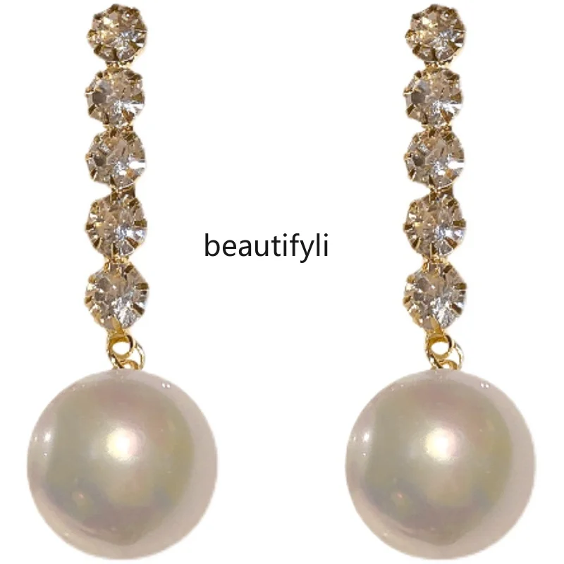 Korean pearl earrings light luxury temperament earrings sterling silver flash diamond high-end earrings women