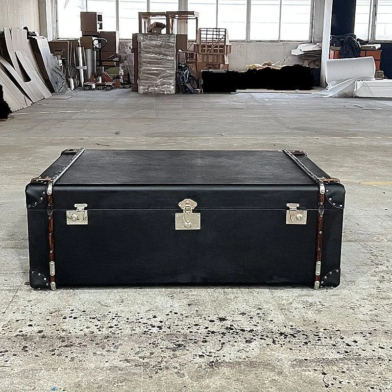 American Industrial Style First-Layer Genuine Leather Coffee Table, Unique Rattan Vintage Suitcase-style Coffee Table