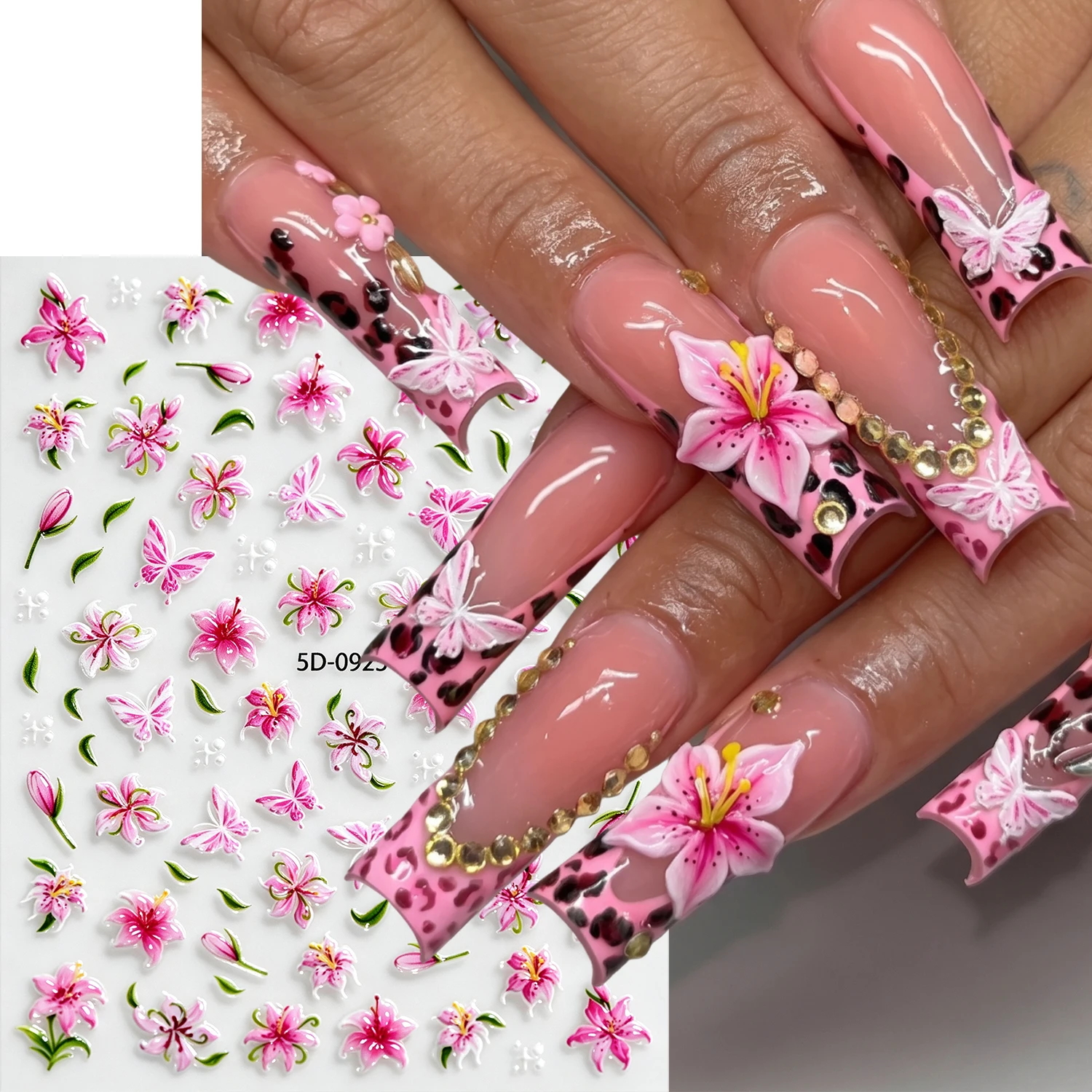1Pcs 5D Embossed Pink Lily Flower Butterfly Nail Stickers Leopard Spot Print Floral Self Adhesive Decal for Daily Manicure Decor