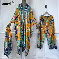 WINYI Summer Bohemia Print kimonos 2 piece sets women outfit Long Cardigan And Wide Leg Pant Sets Middle East Elegant Pants Suit