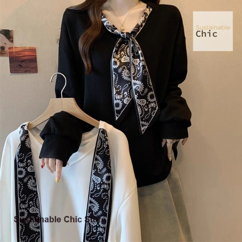 Korean-style scarf collar long-sleeved sweater women's autumn new plus-size temperament high-grade luxury western-style top