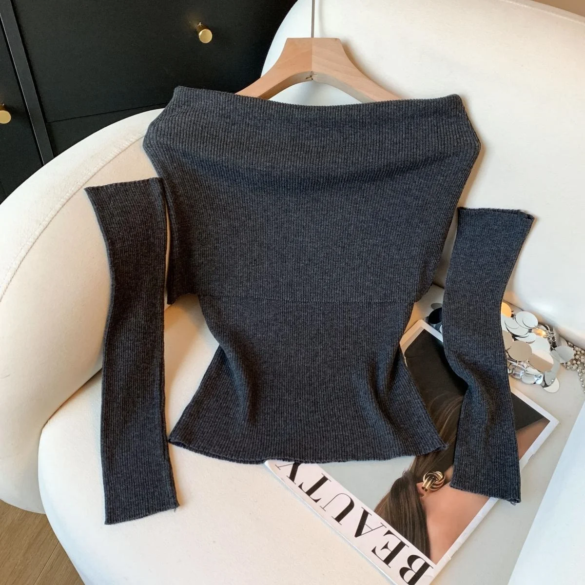 

Вязаный свитер со съемными рукавами, женский осенний пуловер с двойными карманами, массивный пуловер с круглым вырезом и вышивкой букв, спортивная одежда, стиль