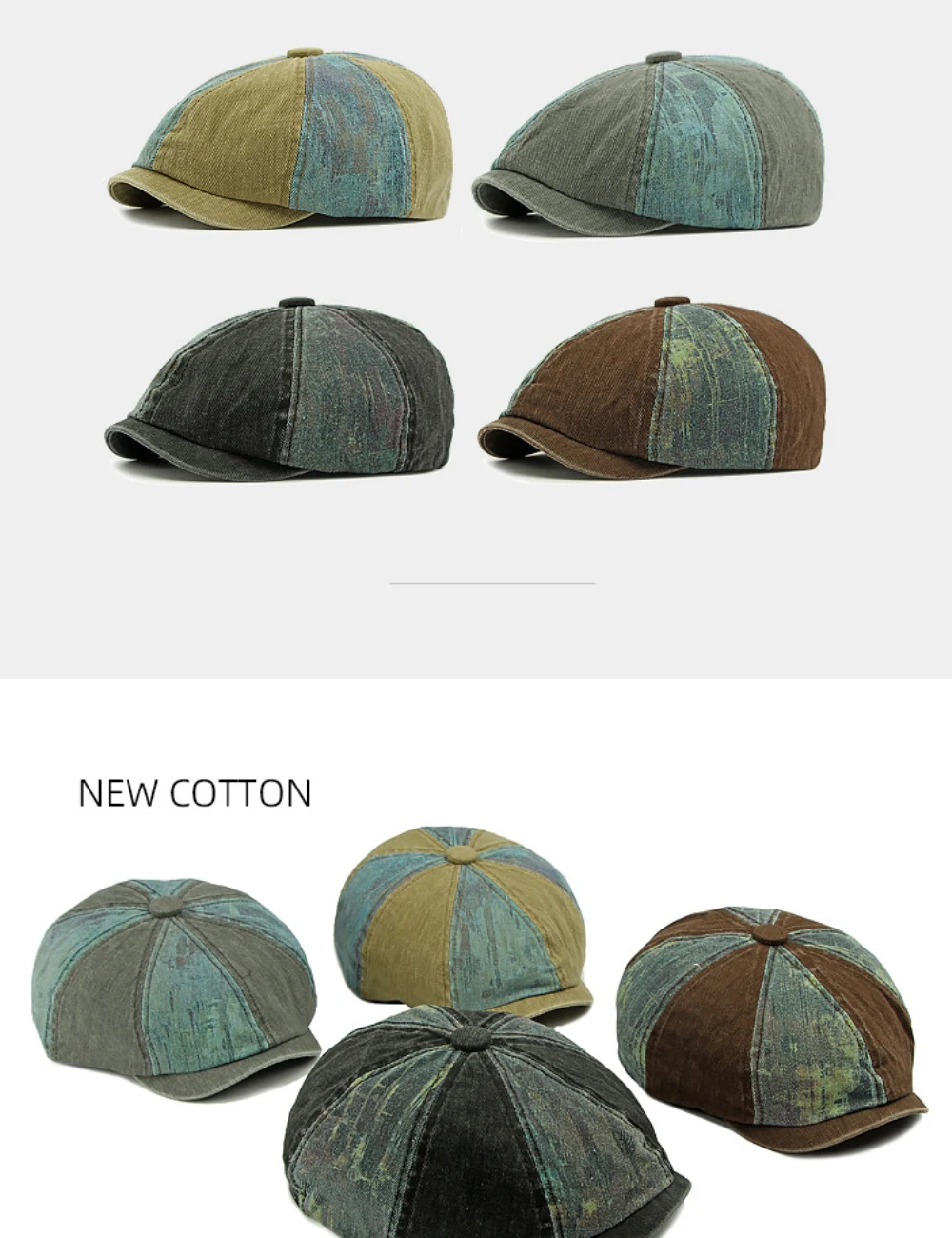 HT4789 Herren- und Damen-Baskenmützen, Neue Gewaschene Baumwoll-Flatcap, Unisex Achteckige Baskenmütze für Frühling, Sommer und Herbst, Patchwork-Baskenmütze – Detail 1