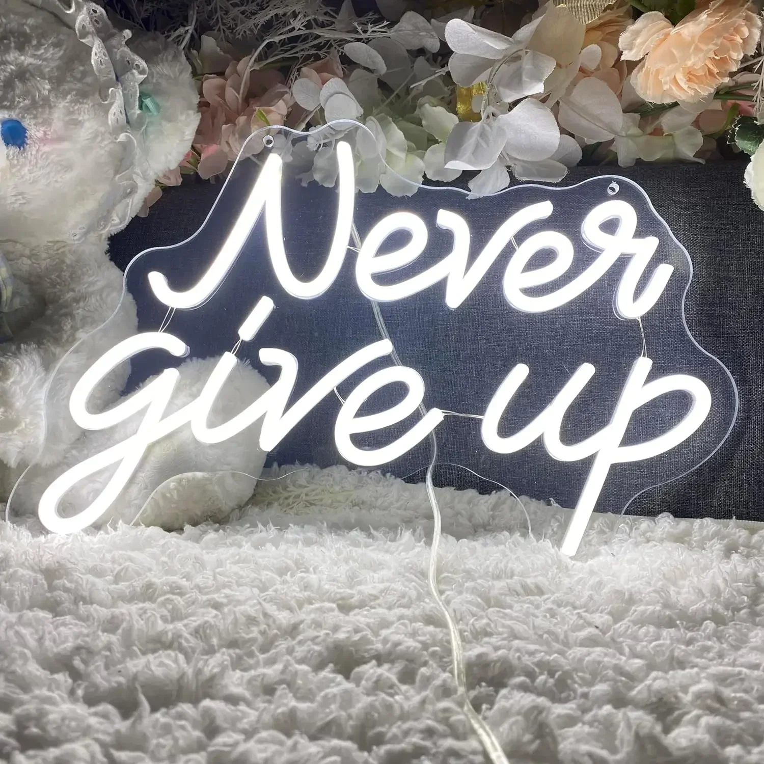 Never Give Up Neon Sign LED Wall Art USB Powered Lamp White Motivational Quote Decor Bedroom Office Gym Aesthetic Light