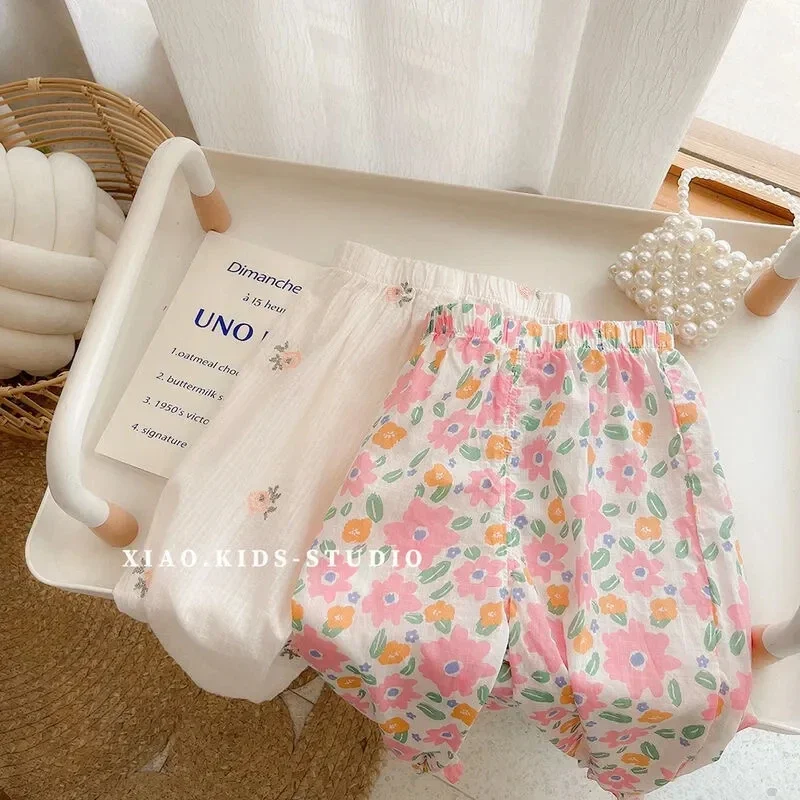 Summer Kids Girls Boys Mosquito-proof Leggings New Fashion Casual Flowers Pants Children Floral Korean Style Loose Clothing 1-6Y