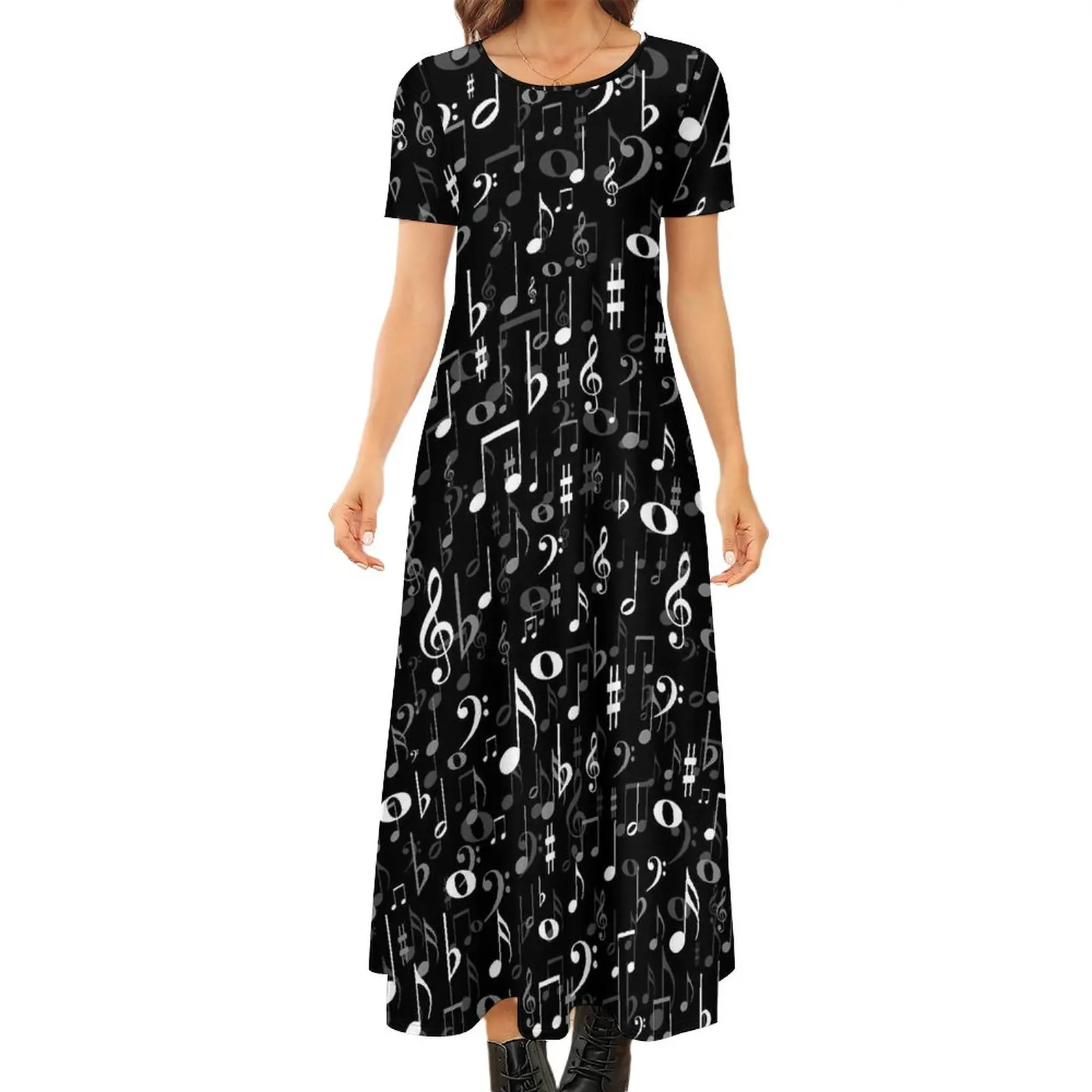 

Fun Musical Notes Dress Black White Aesthetic Bohemia Long Dresses Female Kawaii Maxi Dress Gift Idea