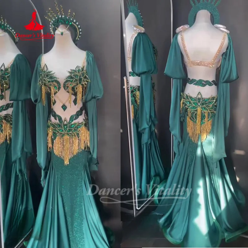 

Комплект для восточных танцев: женский, на заказ, с камнями AB, бюстгальтер + рукава + сексуальная длинная юбка, 3 предмета, для соревнований, для танцовщиц, для ярких выступлений