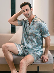 Two piece sets for men's pajamas summer short sleeved shorts flower pattern printed home clothing sleepwear set