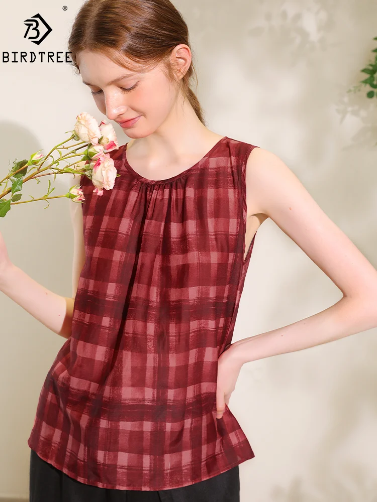 

BirdTree, Natural Silk Cotton Elegant Tank Tops, Women Sleeveless Plaid, Retro Fashioin OL Loose Vest, Spring Summer T45687QM