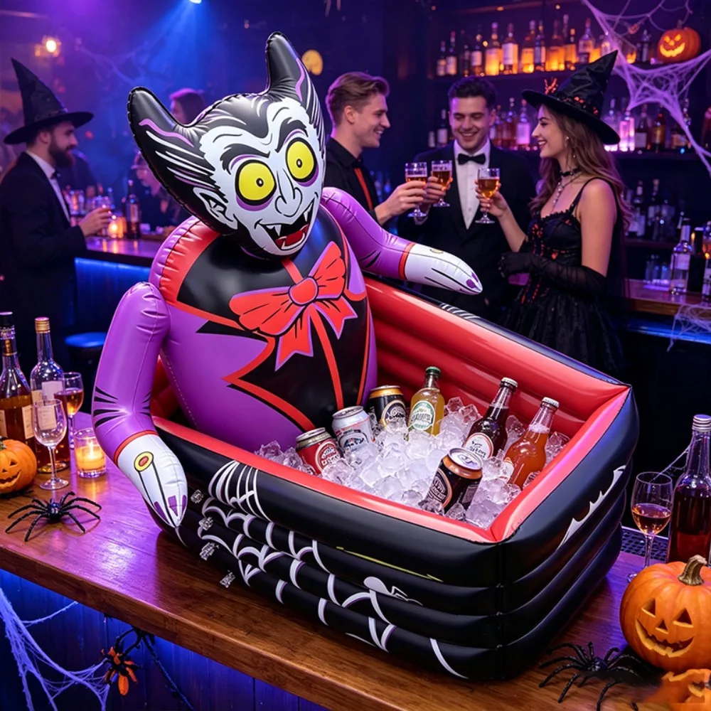 Inflatable Halloween Coffin Cooler Bat Pattern, PVC Ice Bucket Drink Holder Serving Bar for Party Pool Decor
