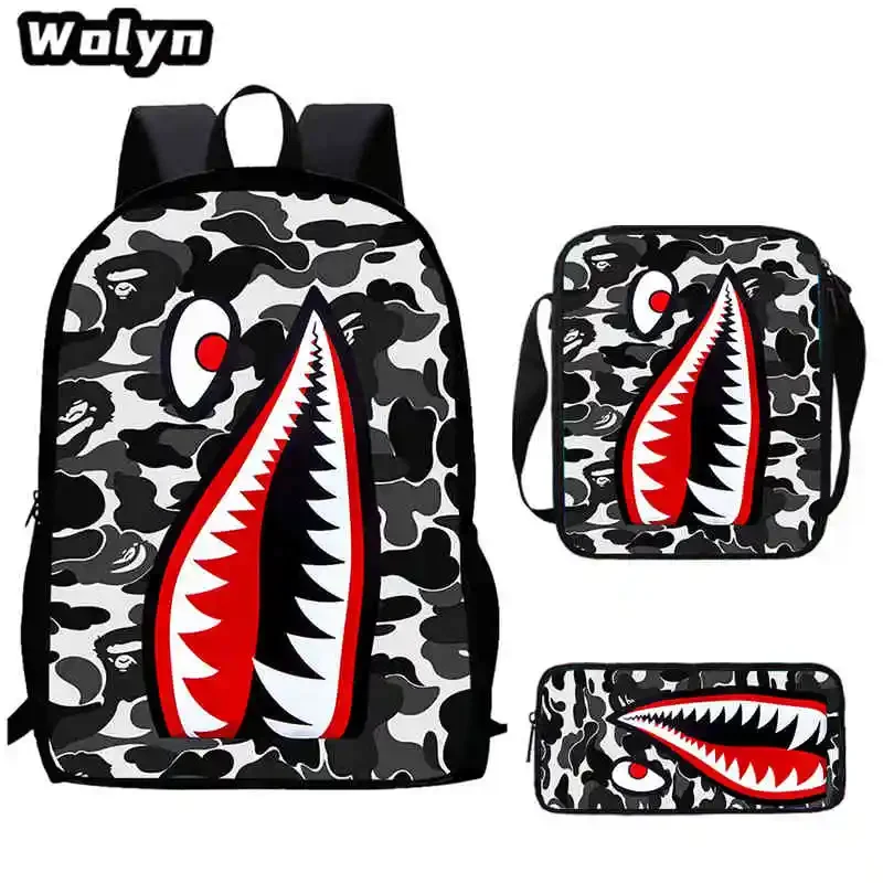 3Pcs Set Cartoon Camouflage Shark School Backpack Shoulder Bags Pencil Bags for Kindergarten , Cartoon School Bag for Boys Girls