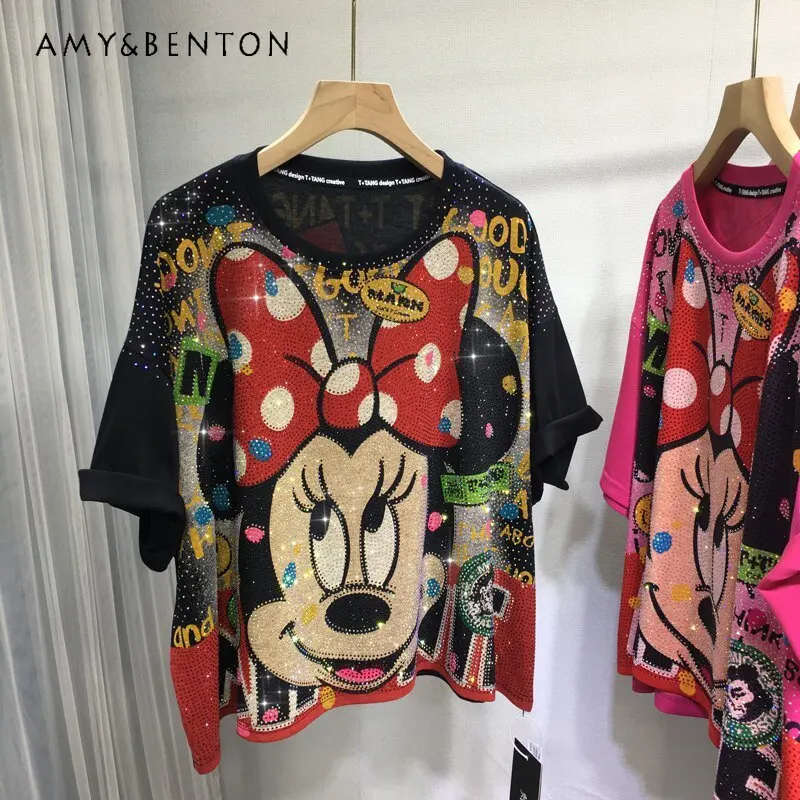 

Heavy Industry Diamond Drills Bow Cute Sweet Cartoon Tees Crew Neck Short Sleeves Medium And Long Oversize Skinny T-shirt Summer