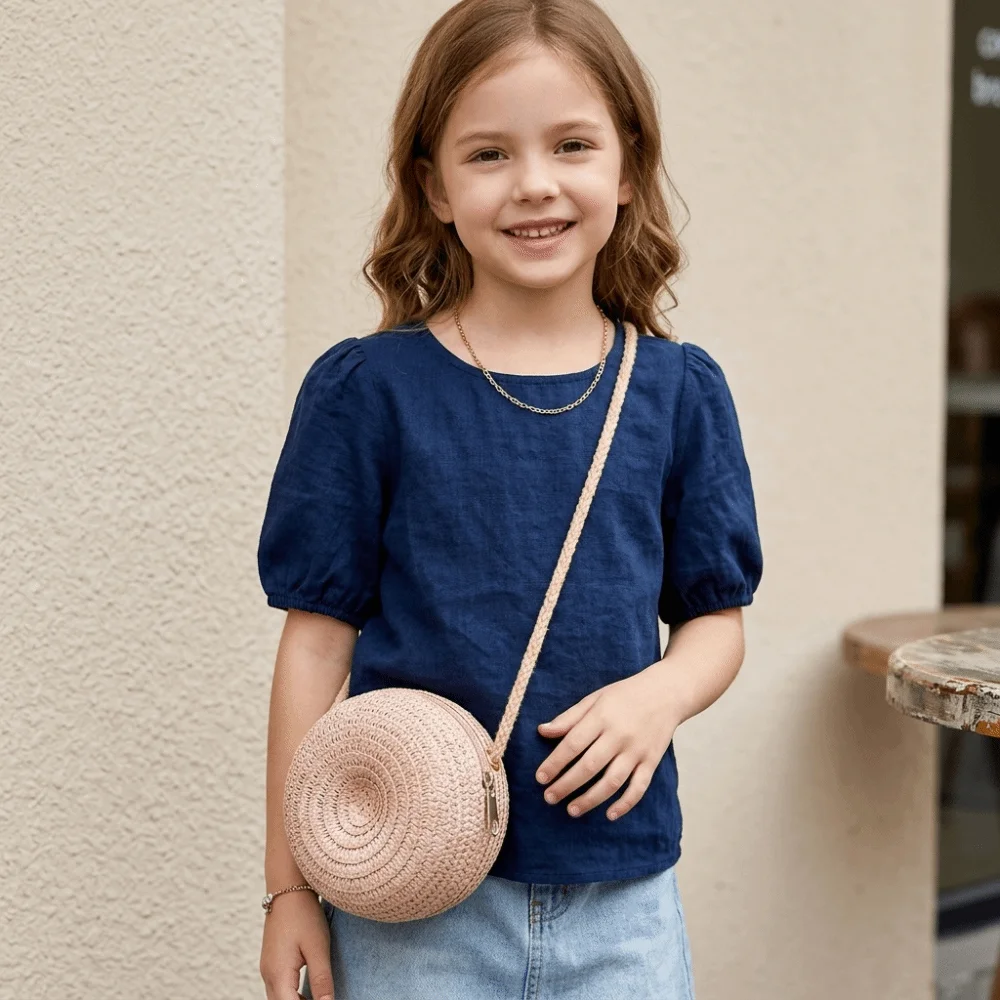 New Apple Shape Straw Woven Bag Woven Texture Storage Girls Shoulder Bag Decorative Zipper Closure Handbag for Children