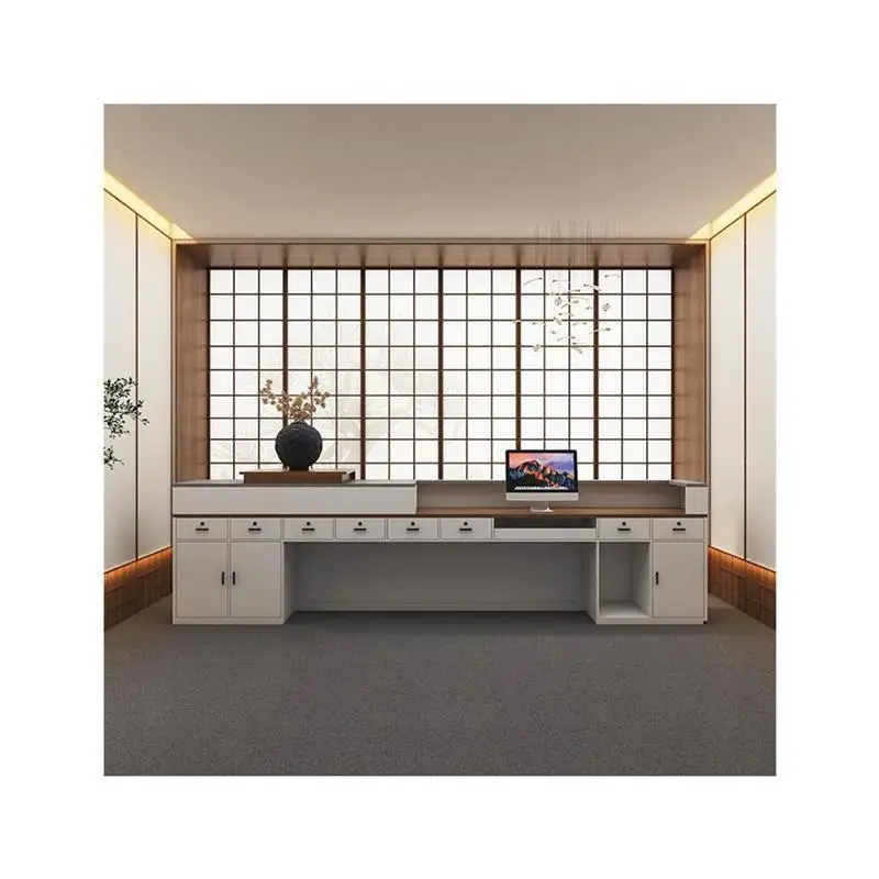 &L-Shaped Commercial Reception Desk with Integrated Lighting and Decorative Accents