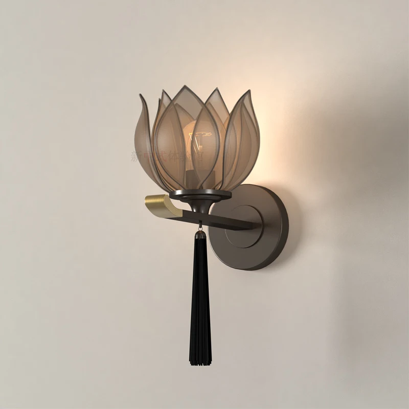 

Designer modern Chinese style lotus artistic conception wall lamp silk wall lamp tea room bedroom bedside aisle study wall lamp