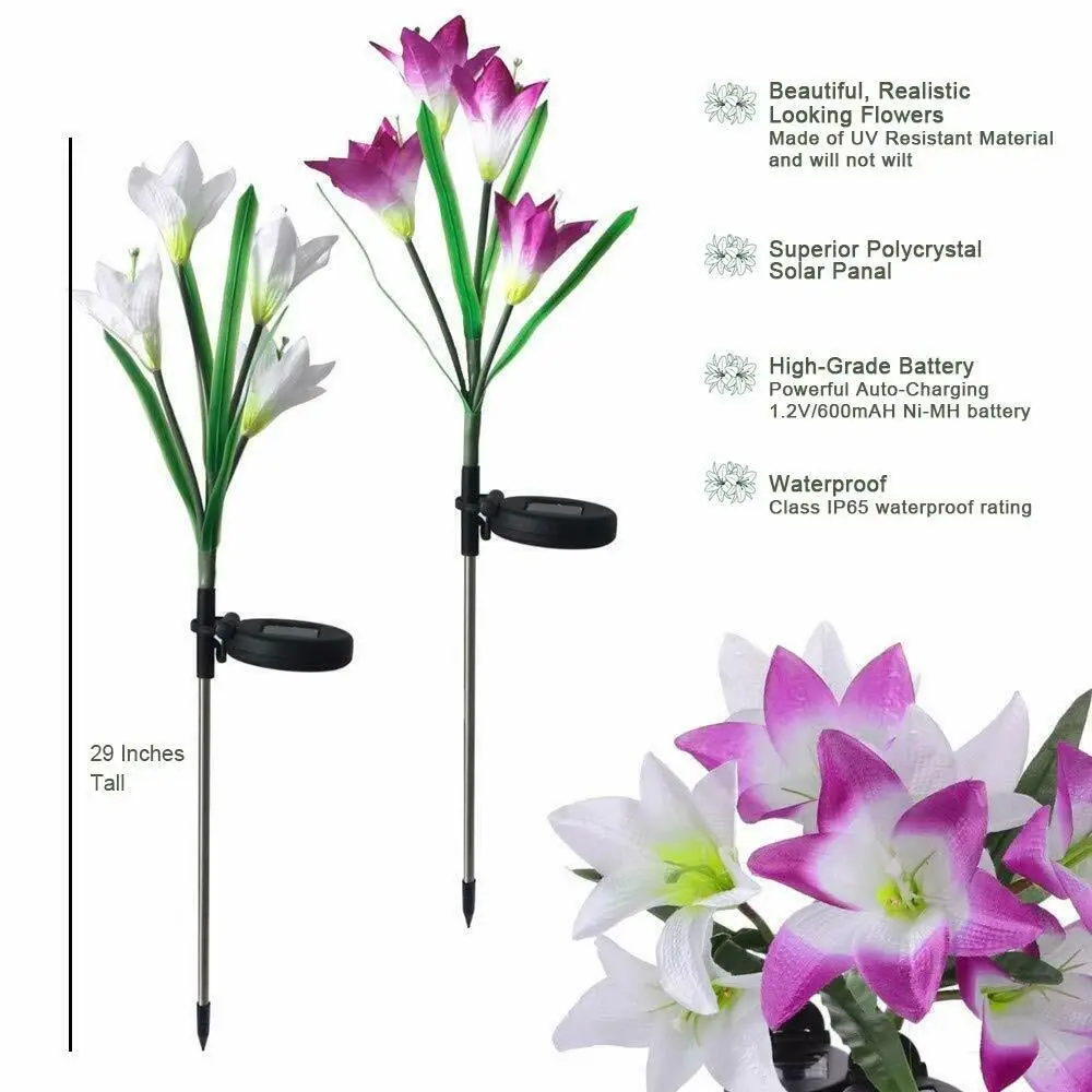 กลางแจ้งไฟ LED พลังงานแสงอาทิตย์ RGB สี Lily สวนดอกไม้โคมไฟตกแต่งกันน้ํา 600AMH พลังงานแสงอาทิตย์ลานสนามหญ้าเส้นทางงานแต่งงาน