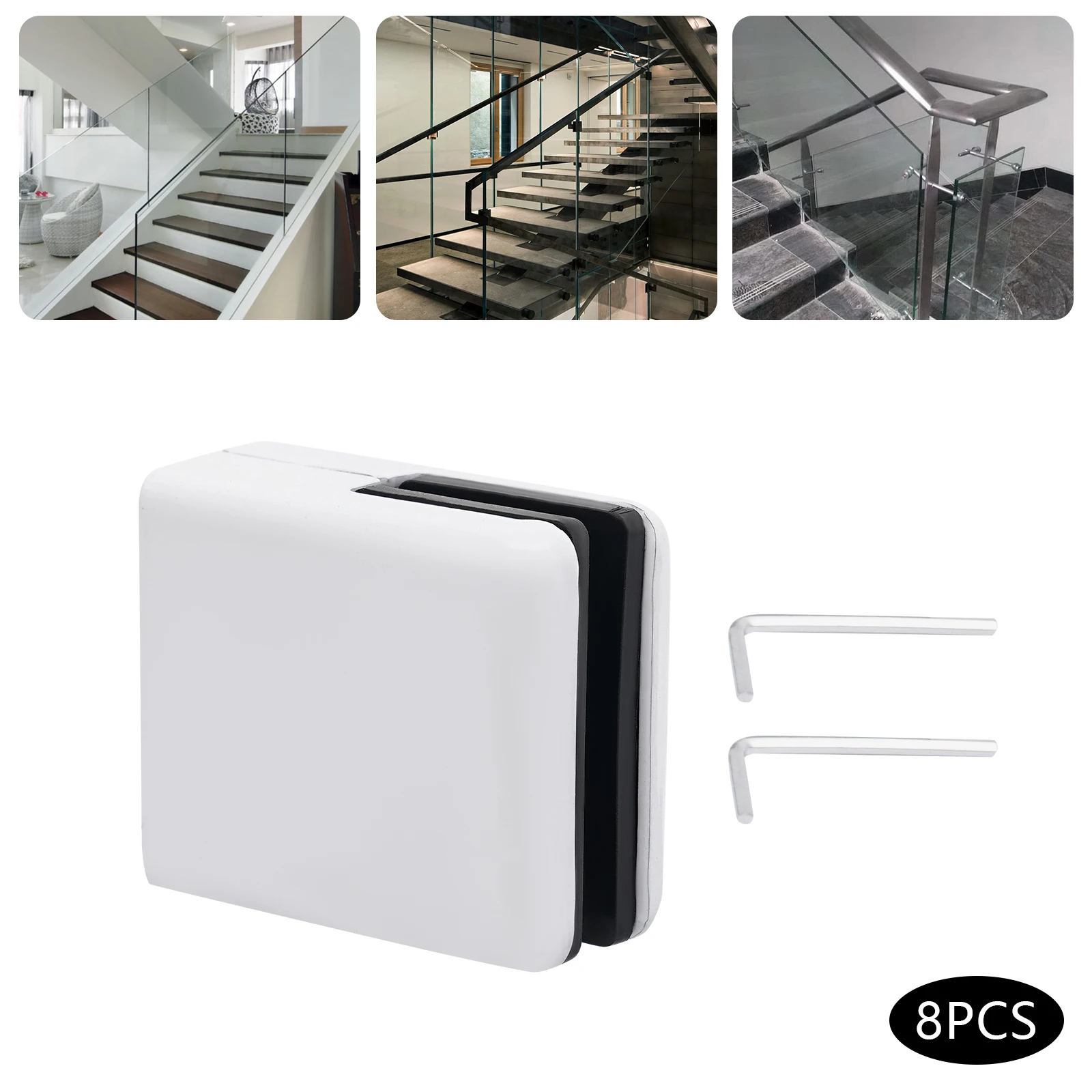 

Stainless Steel Glass Clamp Clip(8pcs)—White 1.7x0.9x1.9in Detachable(Easy Install) Smooth Edges(Safe) Includes Screws+AllenKeys