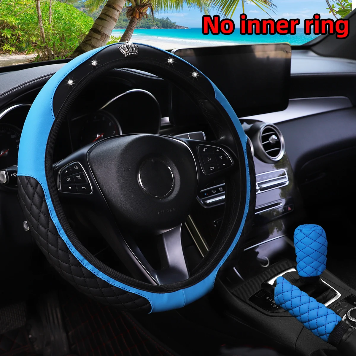 3-teiliges PU-Leder Lenkradbezug-Set mit Kronen-Diamant-Intarsien, Schalthebel-Abdeckung und Handbremsen-Abdeckung für Autos ohne Innenring – Detail 9