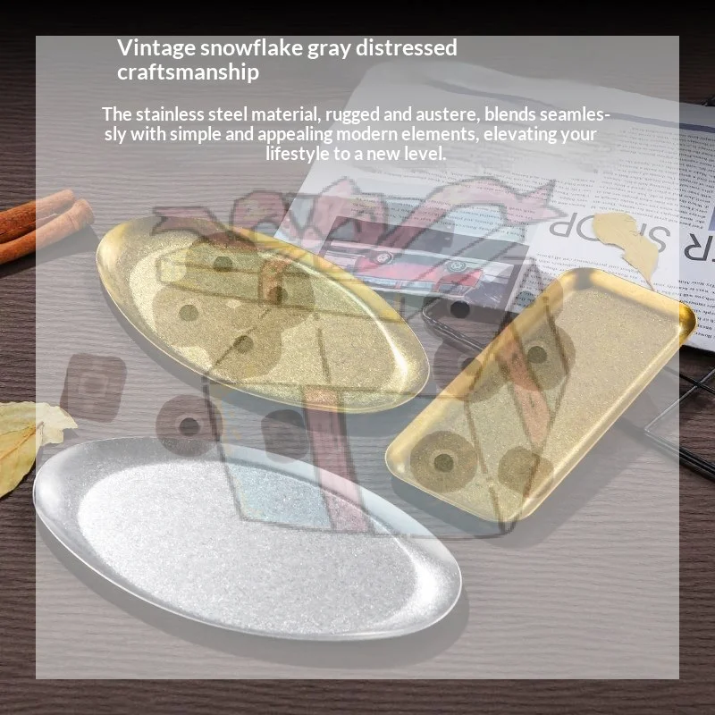 【CC】Retro Stainless Steel Trays, Sushi Plates, Snack Plates, Pastry Plates, Oval Shallow Trays, Industrial-style Tableware