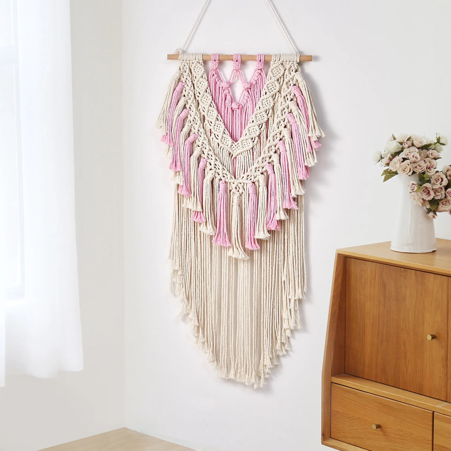 Pink & Beige Macrame Wall Hanging, Handwoven Tassel Fringe Tapestry, Boho Geometric Wall Art for Bedroom