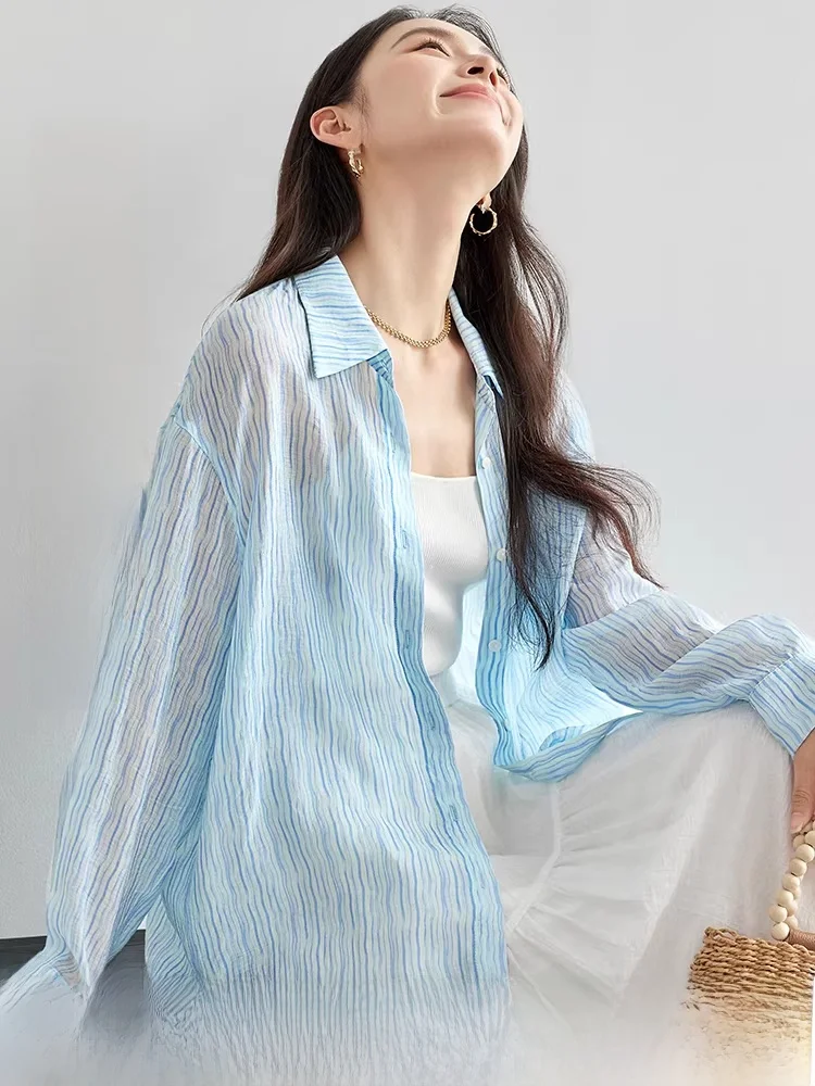 

Свободный женский топ с длинным рукавом, фактурным волнообразным узором, градиентными цветовыми блоками и полосками, из теплого нейлона, для повседневной носки, весенняя новинка