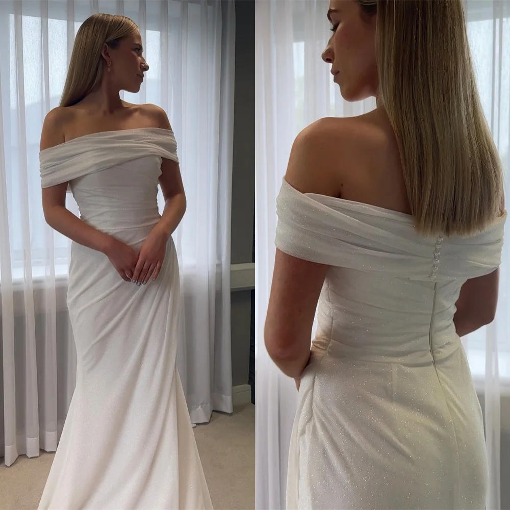 

Customized White Organza Bridal Gowns Elegant Strapless Off the Shoulder Short Sleeves Wedding Dress Chapel Train Mermaid Dress