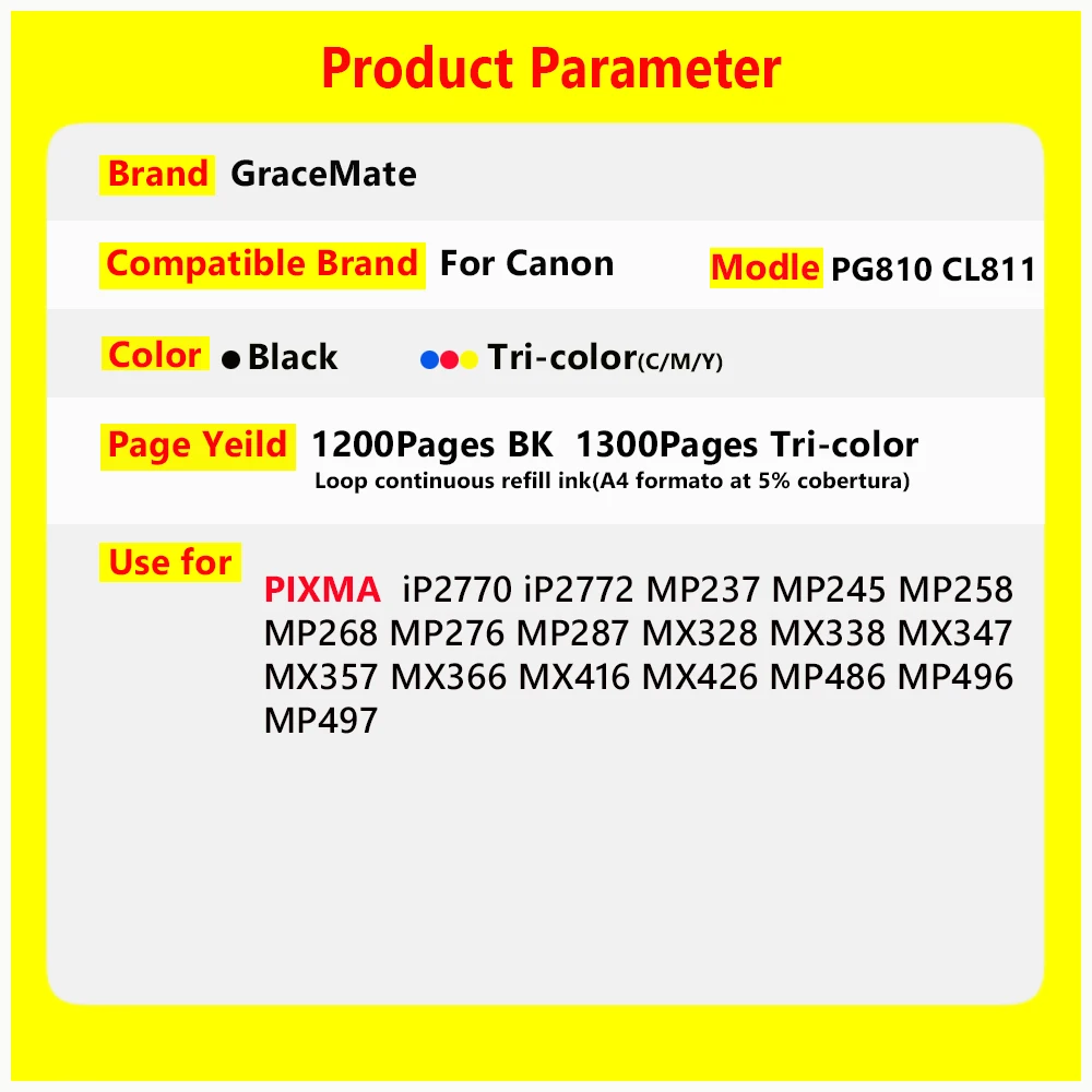 pg810 cl811 Ink Cartridge PG810 CL811 Refill Ink kit Replacement for Canon Pixma IP2770 IP2772 MP245 258 276 486 Inkjet Printer