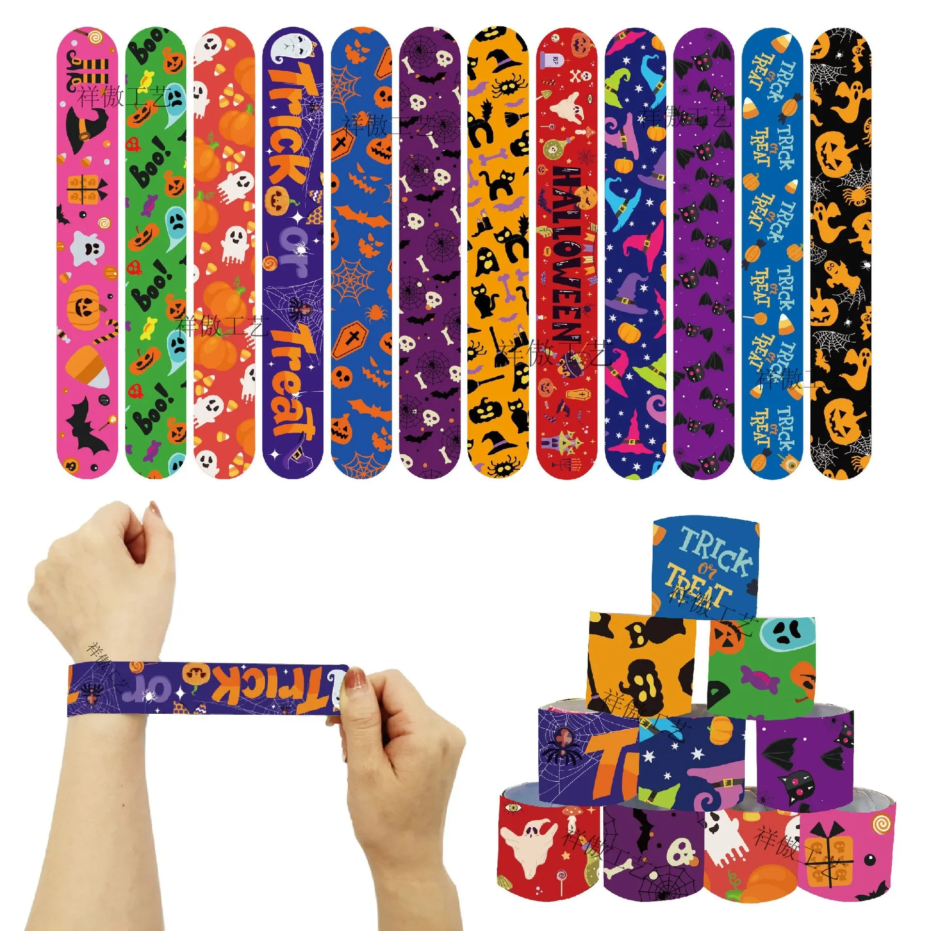 12pcs Cartoon Halloween Slap Bracelets Pumpkin Ghost Spider Horror Bracelets Happy Halloween Day Trick or Treat Funny Bracelets