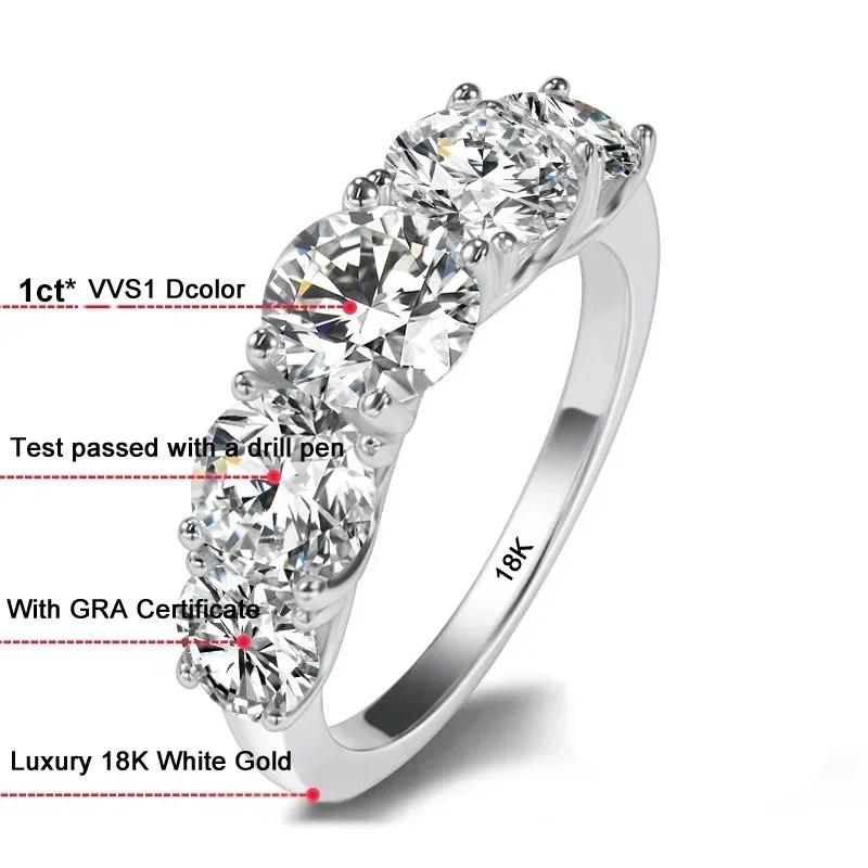 Bague de mariage de luxe en or blanc 18 carats pour femme - incrustée de 5 scintillants 1 carat VVS1 D - Diamants Moissanite de couleur