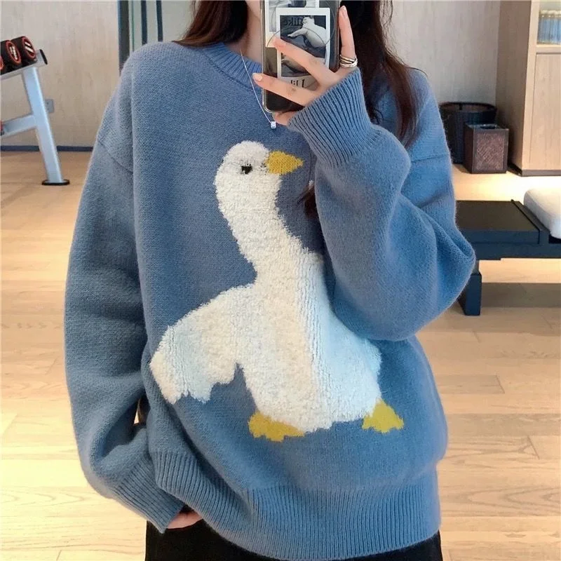 

Casual O Neck Knitted Sweater Female Korean Version Cartoon Duck Letter Sweater Autumn Winter Long Sleeve Pullover Jumper Women