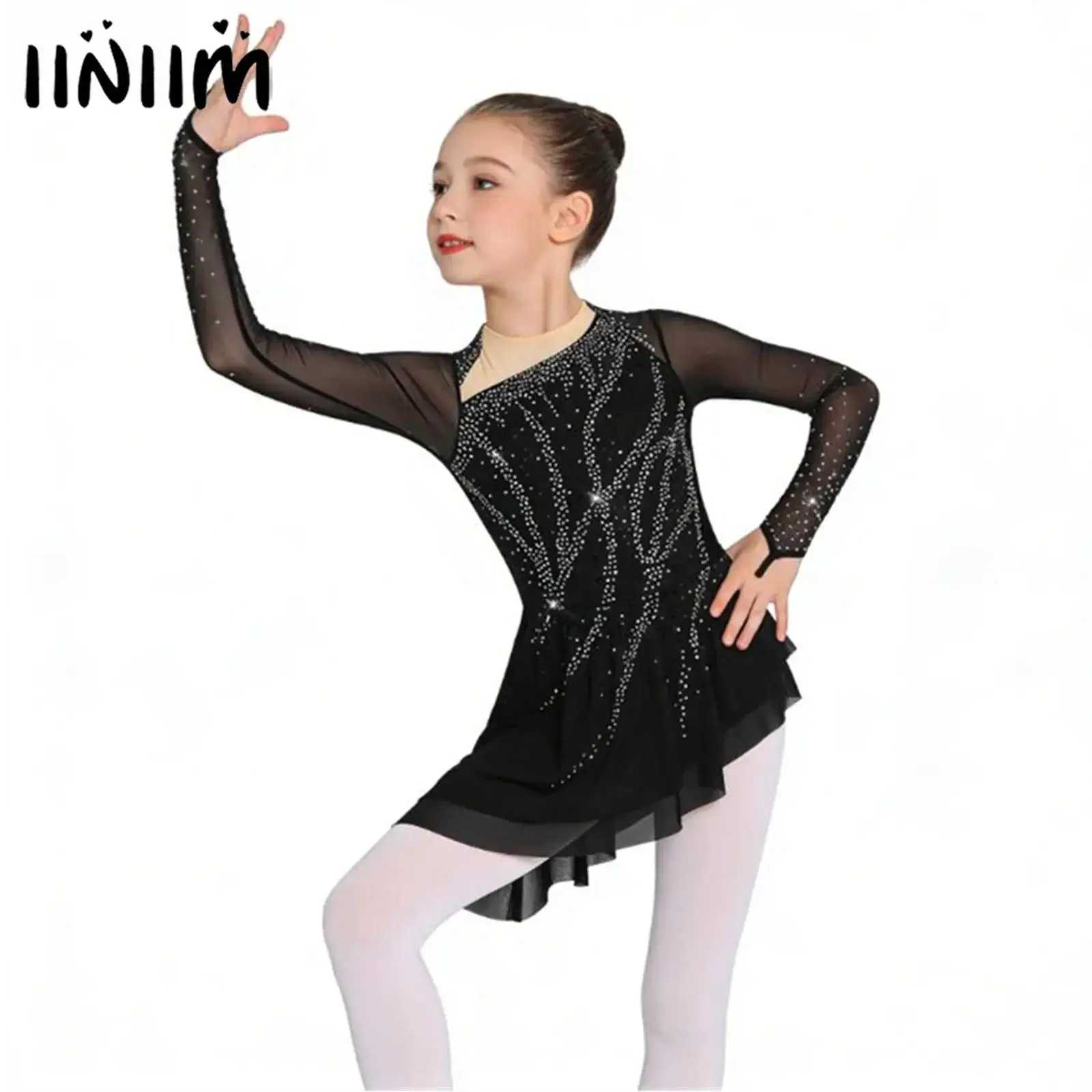 

Детское гимнастическое платье-туту для девочек с блестящими стразами, для фигурного катания, современного балета, лирических танцев, из джерси