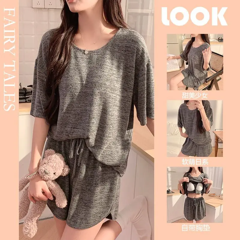 Colorful Cotton Pajamas with Breast Pads, Women's Short-sleeved Shorts, Summer Solid Color, Sweet, Korean Style, Round Neck