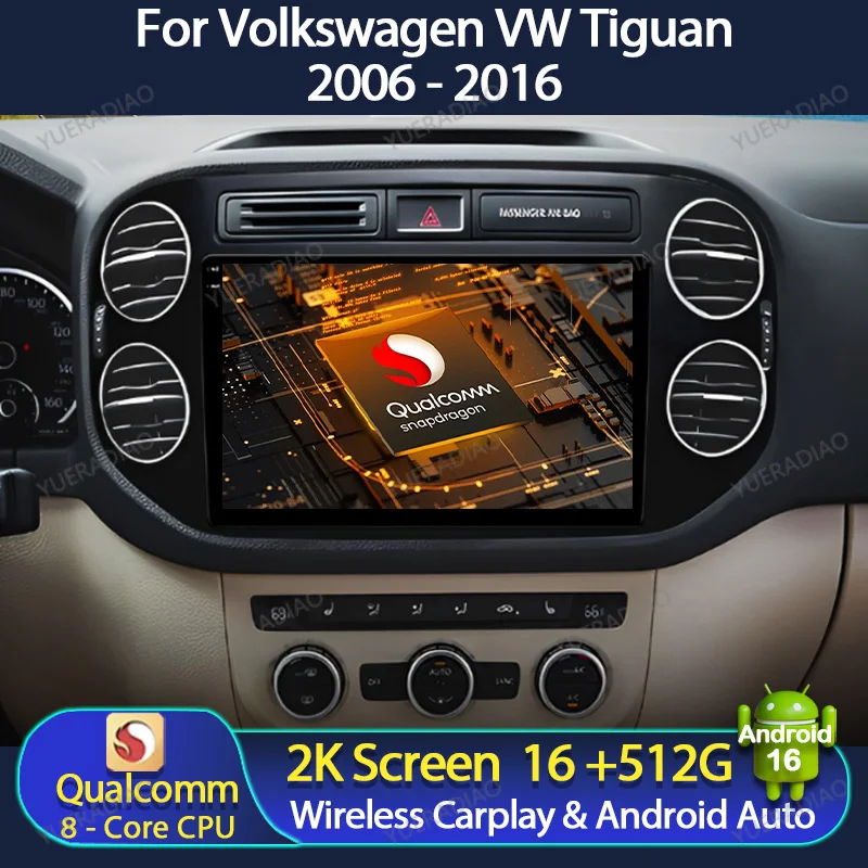 Radio para Auto con Android 16 para Volkswagen Tiguan 1 NF 2006-2016, Unidad Principal Multimedia, Reproductor de Video Estéreo, Carplay, Auto, Voz AI, QLED