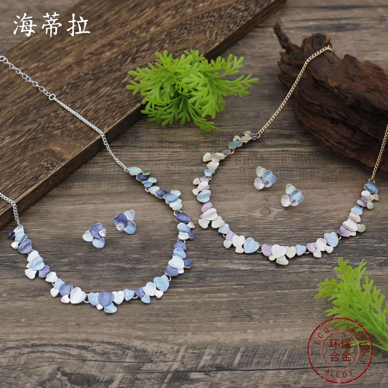 DIY accessories enamel color love stud earrings necklace set women's simple heart stud earrings neck chain set wholesale