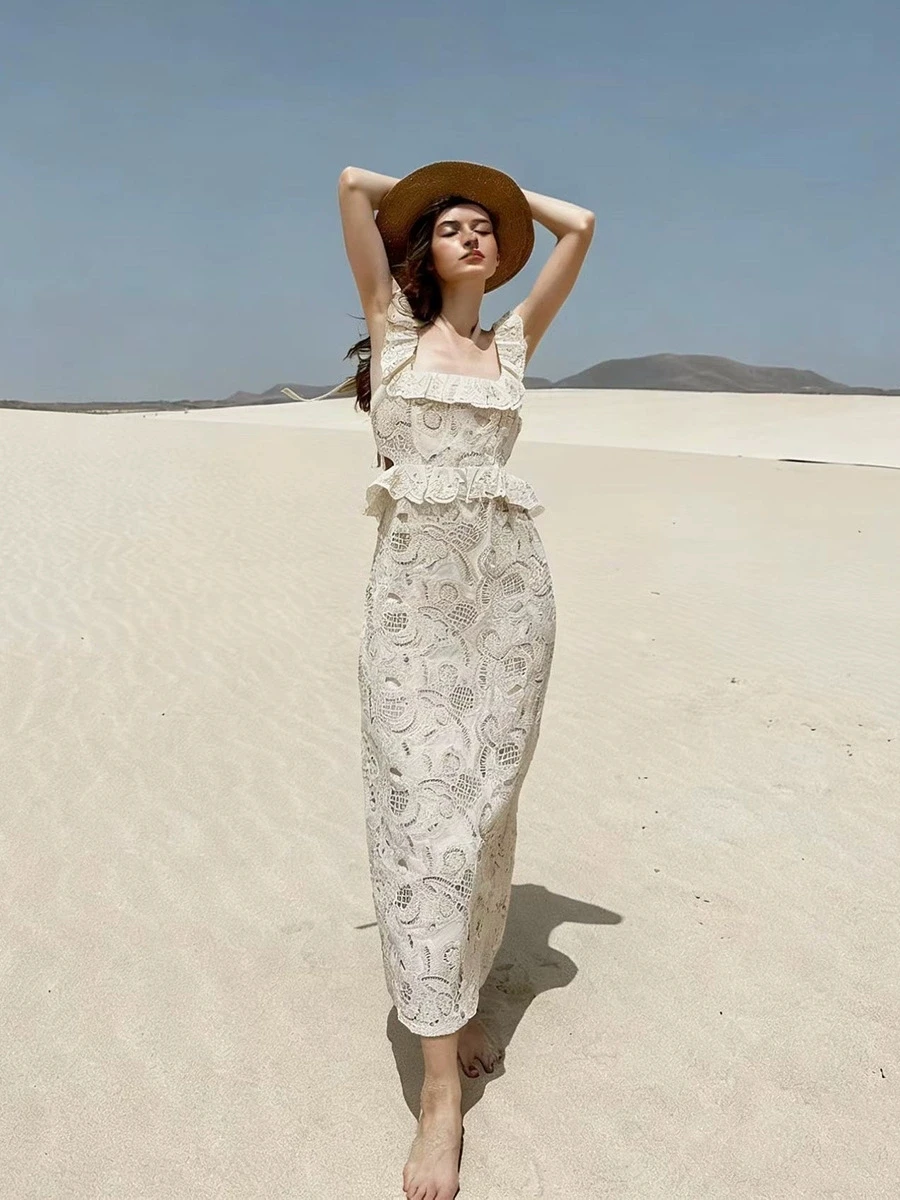 

Высококачественное женское платье миди 2026 года с квадратным вырезом, оборками, вышивкой, пэплумом на талии, А-силуэтом, в стиле бохо, для пляжного отдыха, повседневное, летнее