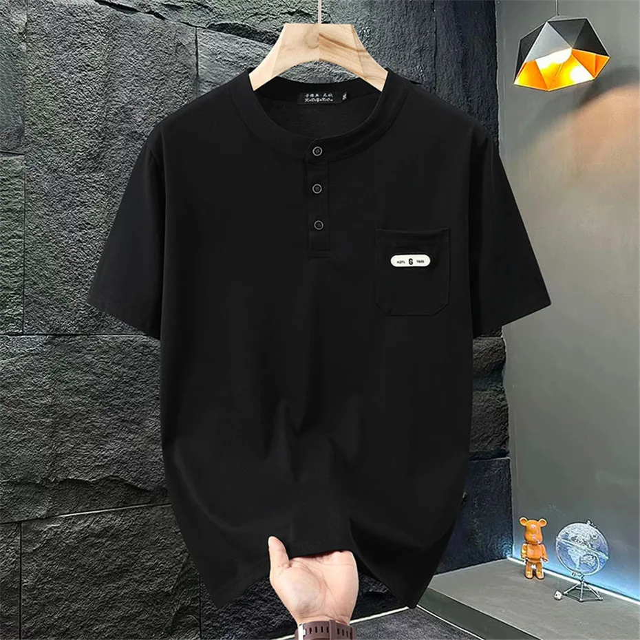 Henry Collar T-shirt Men Plus Size 10XL 11XL Summer Short Sleeve Tops Tees Fashion Casual Solid Color Tshirt Male Big Size - Image 4