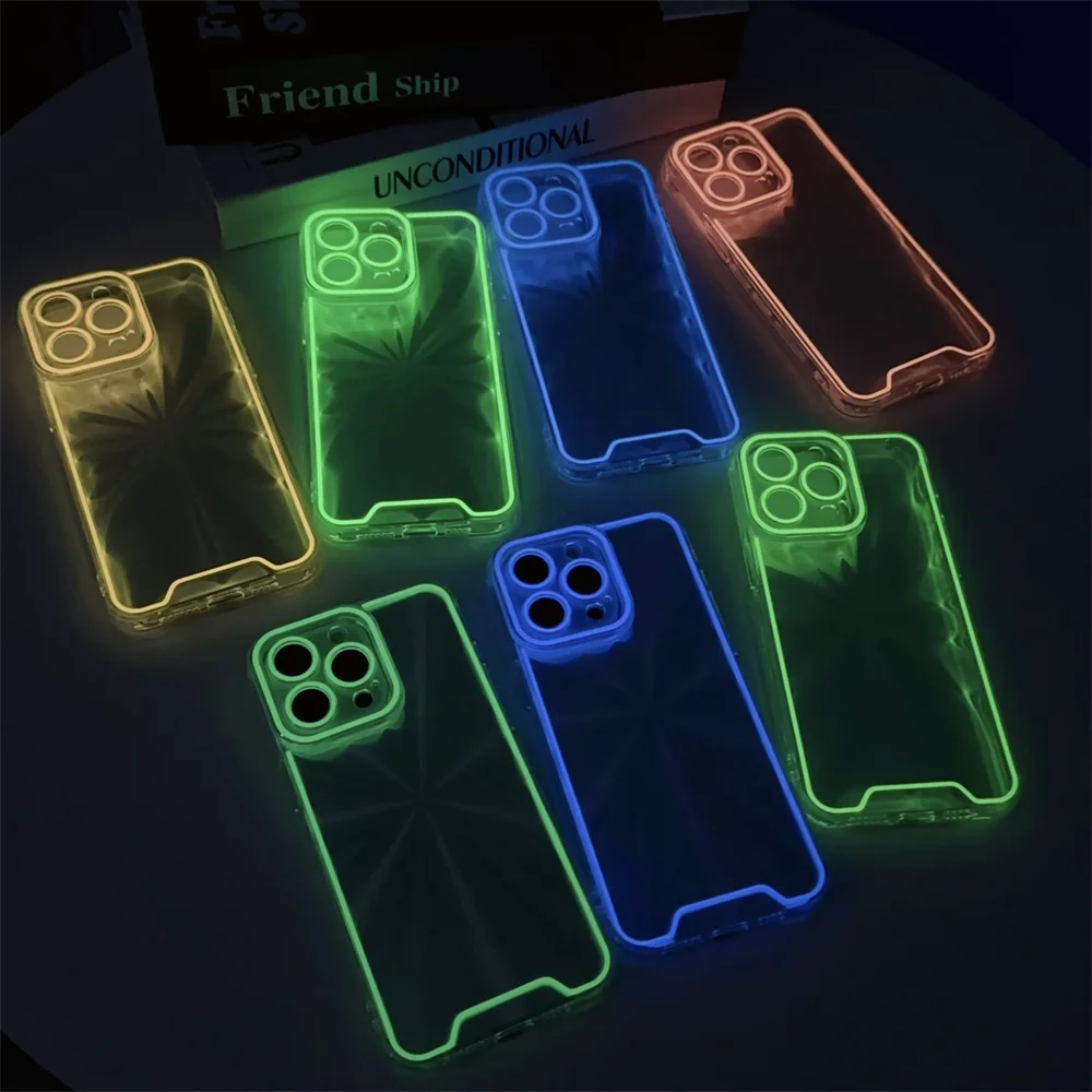 Neon Fluorescent Glowing Aurora Silicone Phone Case For iPhone 15 14 13 12 11 Pro Max X XR XS Glitter Dazzling Luminous Cover