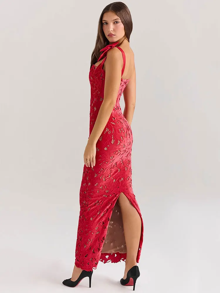 GACVGA Bows Lace Sexy Maxi Dress For Women Fashion Sleeveless Backless Bodycon New Year\'s Birthday Club Party Long Dress
