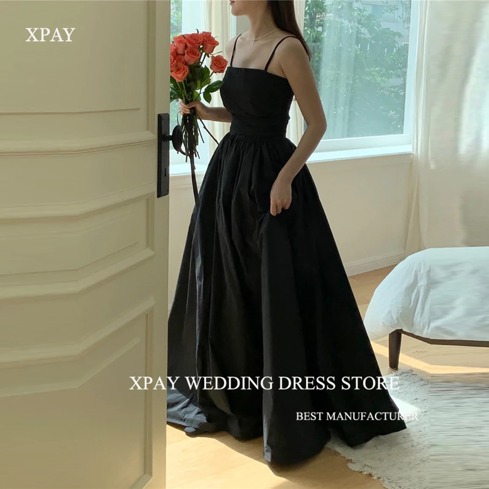 XPAY Simple Black A Line Taffeta korea Evening Dresses Photo shoot 4 Styles Short Sleeves Prom Gowns Wedding Party Lace Up Back