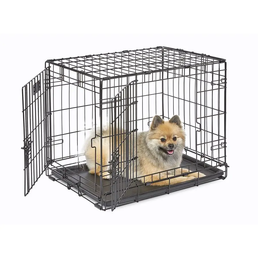 

24Inch TwoDoor iCrate Folding Dog Crate with Divider Panel, LeakProof Tray Secure Latches u2013 Metal Wire Kennel for Small Bre