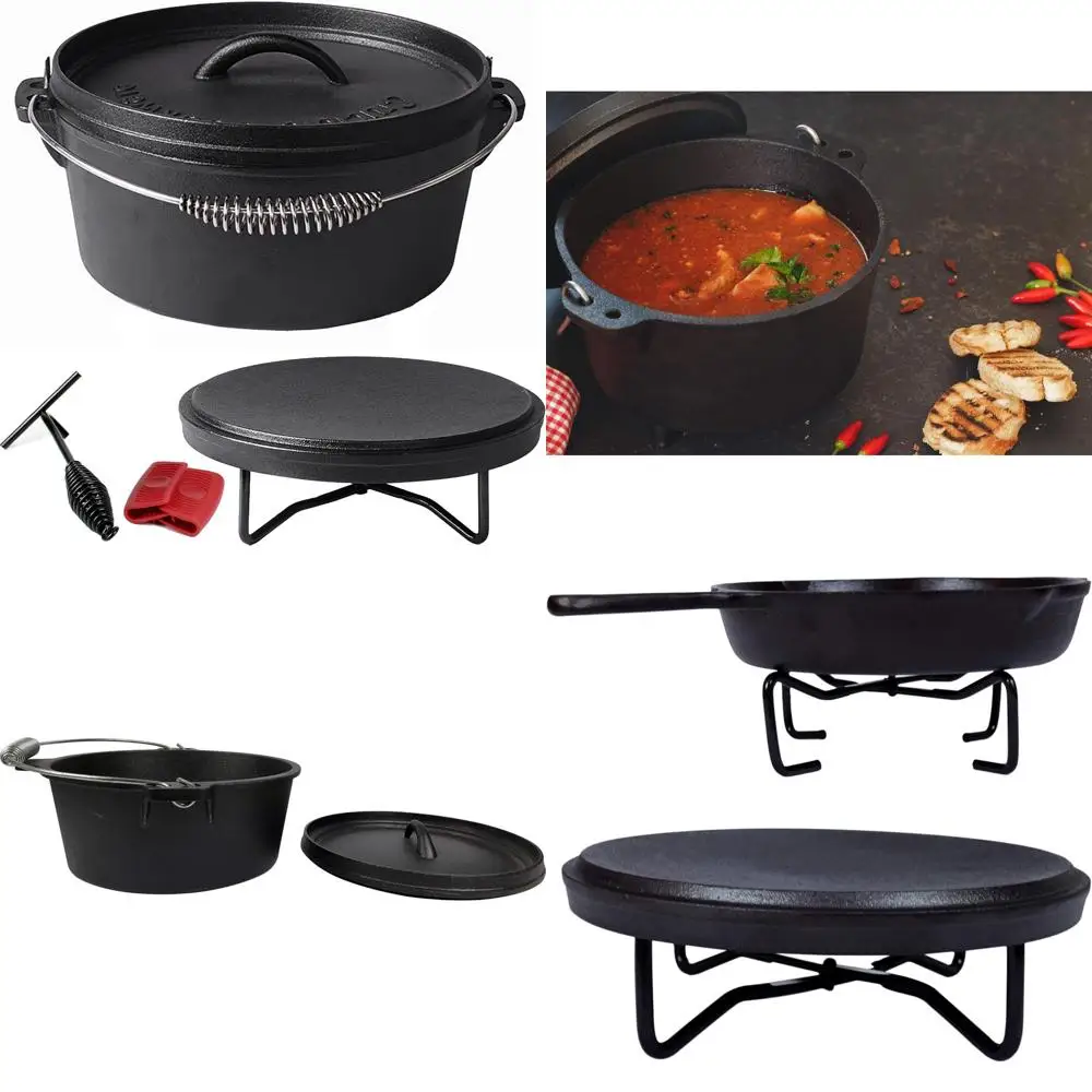 

Cast Iron Dutch Oven 4.1 Quart with Lid Lifter, Lid Stand, Silicone Handle Holders - Pre-Seasoned Cooking Essential for Outdoor
