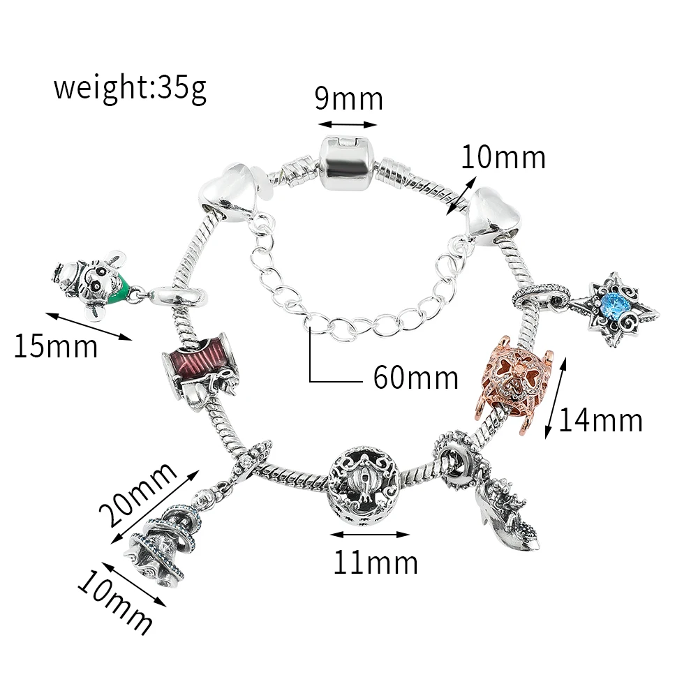 Disney Movie Cinderella Bracelet Designer Charms Jewelry Crystal Bracciali Donna Luxury Silver Plated Bangles Jewelry Gifts