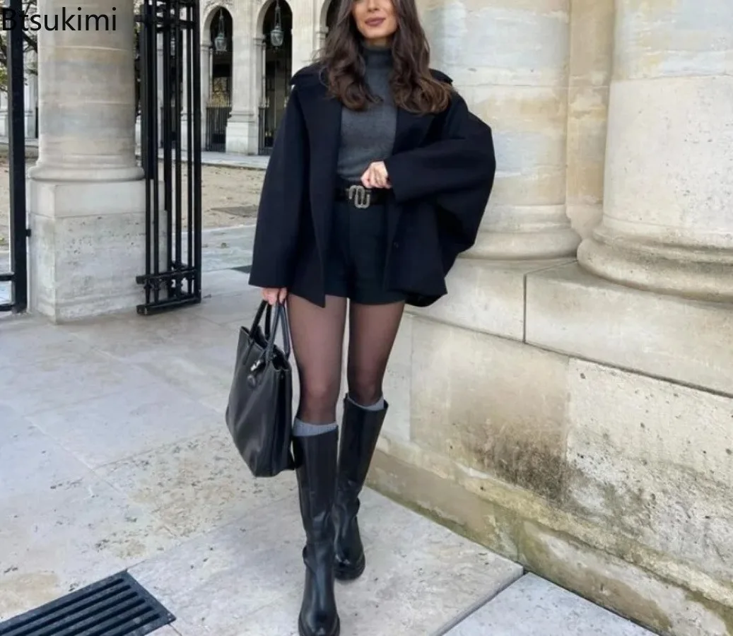 

2025 Women's Oblique Button Loose Batwing Sleeve Jacket Coat Lapel Double Pocket Warm Solid Vintage Outerwear Fall Winter Coat