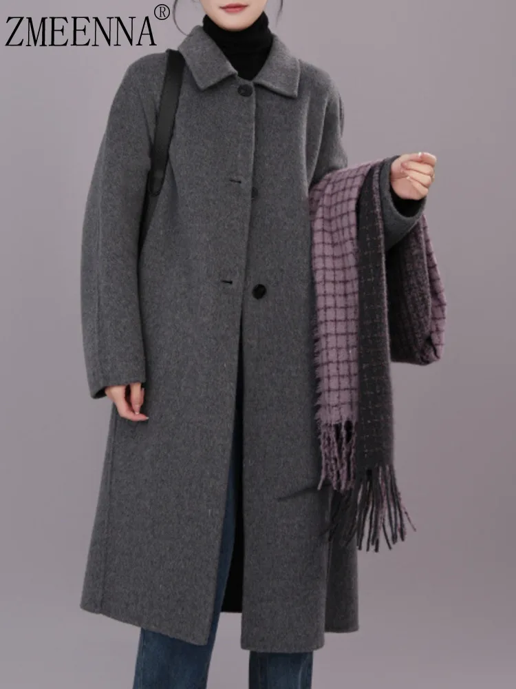 

ZMEENNA Women's Mid Length Wool Blend Coat With Classic Collar Single Breasted Design For Winter Everyday Wear ZM3568
