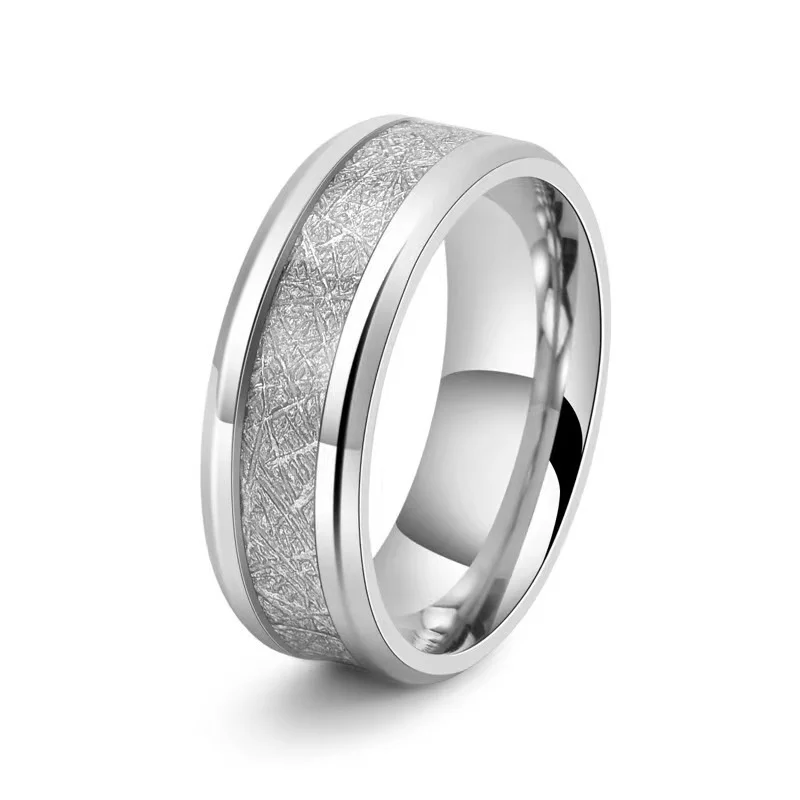 

Men's 8MM Meteorite Stone Pattern Inlaid Silver Stainless Steel Ring - Engagement Wedding Band for Cocktail Party High Jewelry