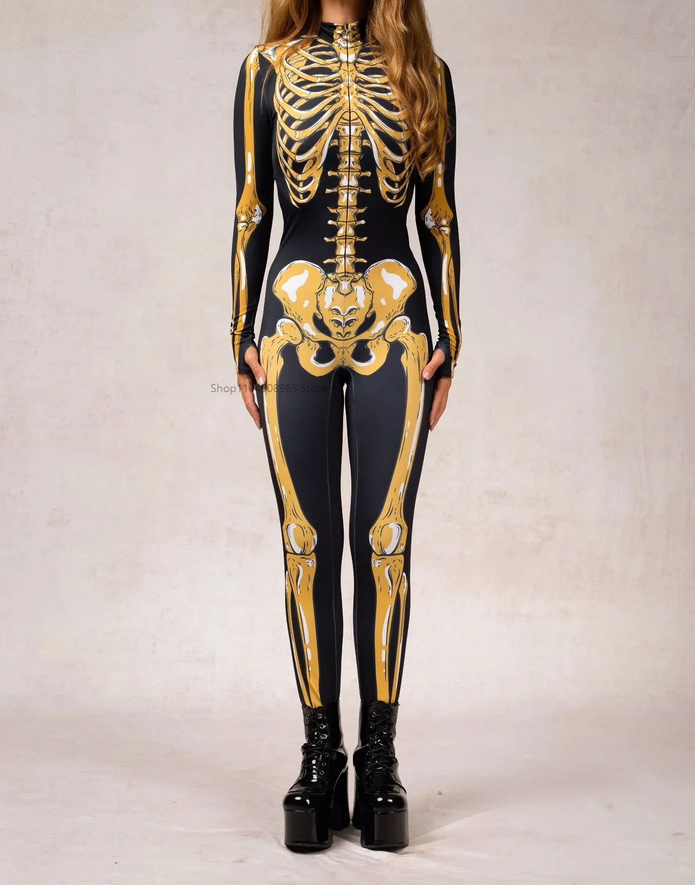 

Halloween Golden Skeleton Adult Cosplay One-piece Costume Women Stage Performance Jumpsuit Dance Party Outfit 2025