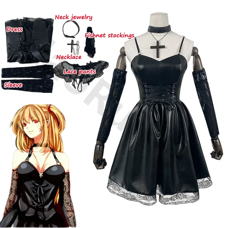 Death Note Anime Cosplay Fantasias, Misa Amane, Couro Imitação Sexy, Tops de Tubo, Vestido de Renda, Roupa Uniforme, Interpretação, Perucas, Dia das Bruxas