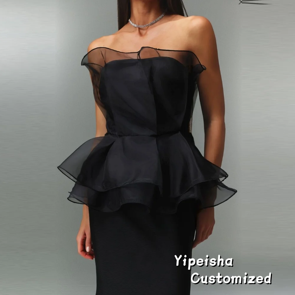 فستان سهرة أنيق مخصص بدون حمالات باللون الأسود مع تنورة حورية البحر للمناسبات الرسمية والحفلات الراقصة فساتين طويلة شبكية