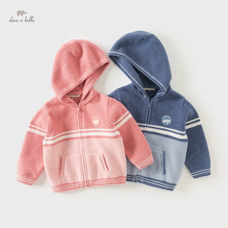 Dave Bella Boys Autumn Coat Girls Top 2024 New Fashion Casual Children's Baby Hooded Long Sleeves Knitted Sweater DB3242017